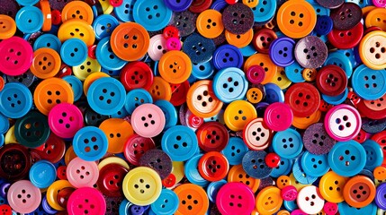 Electric blue ephemera: a vibrant assortment of colorful buttons and knick-knacks scattered across a messy desk.