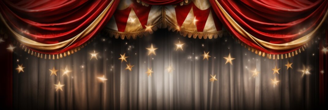 3d circus stage with red curtain, vintage spotlight, and ringmaster sign on podium background