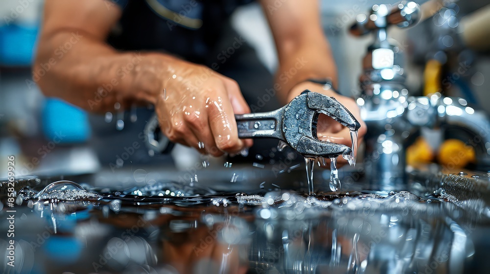 Wall mural fixing a leaking pipe: plumber at work, wrench in hand, water drops