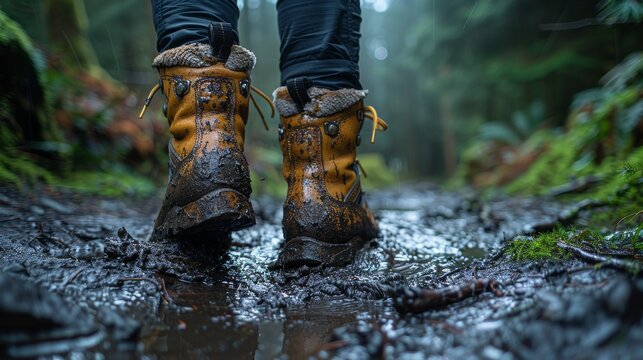 A pair of muddy hiking boots walk along a rugged forest trail, surrounded by dense woodland, representing adventure, exploration, and an immersive outdoor experience.