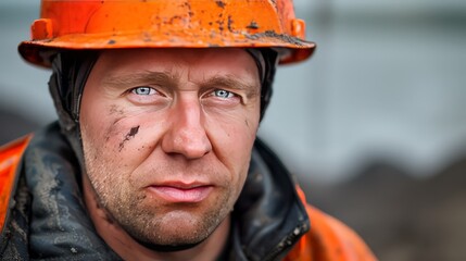 Fototapeta premium portrait of mine worker wearing helmet extracting coal resources dirty face. 