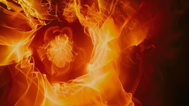 A close up of a fire and flames with an orange object, AI