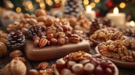 Obraz premium Mixed nuts assortment, varied textures, nutcracker set, holiday table