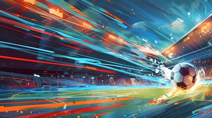 Soccer Ball in a Stadium with speed effects. soccer ball on green grass in the center of a stadium