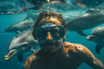 Naklejka premium Man Wearing Diving Mask Surrounded by Dolphins Underwater