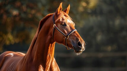Fototapeta premium A brown horse with a black bridle and a black nose