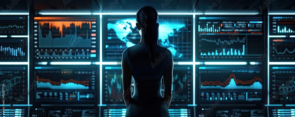 Poster person analyzing data on multiple digital screens, showcasing business analytics, cybersecurity, and