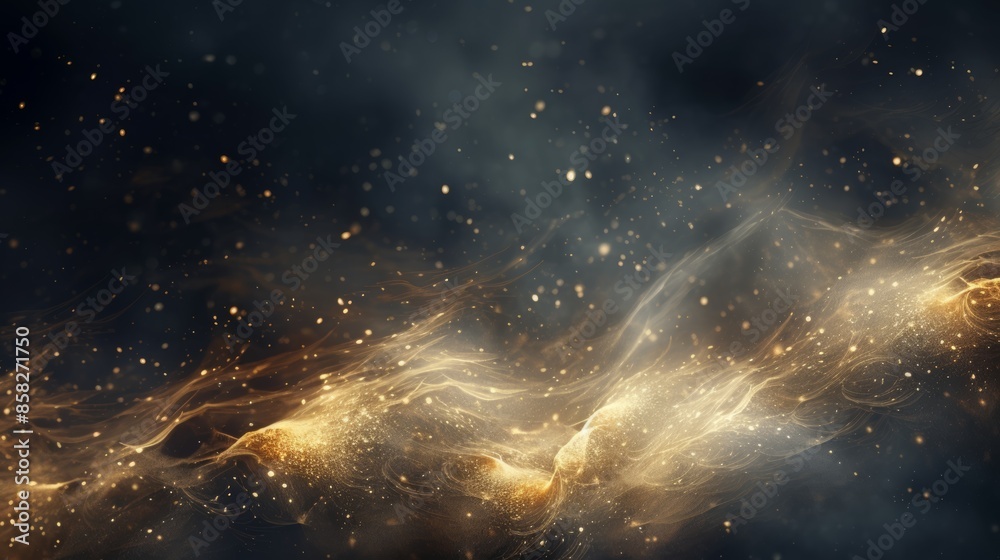 Poster An ethereal abstract background with golden dust particles forming intricate patterns against a dark backdrop.