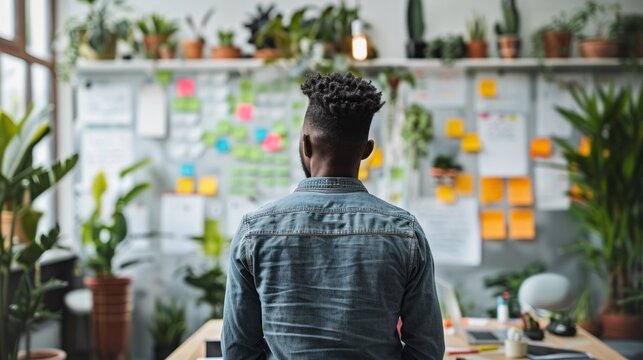 A man brainstorming ideas for his blog on a whiteboard in a bright and airy office space Sticky notes and markers are scattered around showing the creative planning process