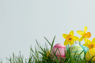 Fototapeta premium Colorful Easter Eggs and Daffodils on White Background