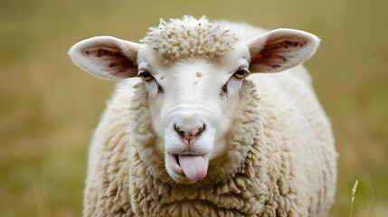 Obraz premium Funny sheep. Portrait of sheep showing tongue. 