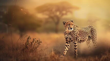 Obraz premium A cheetah walking through a field with trees in the background, AI