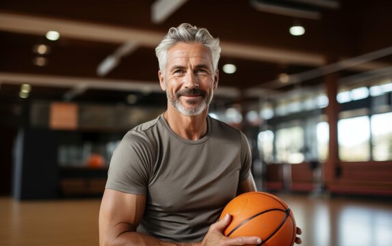A man with a basketball in his hand is smiling. He is in a gym. Scene is happy and energetic