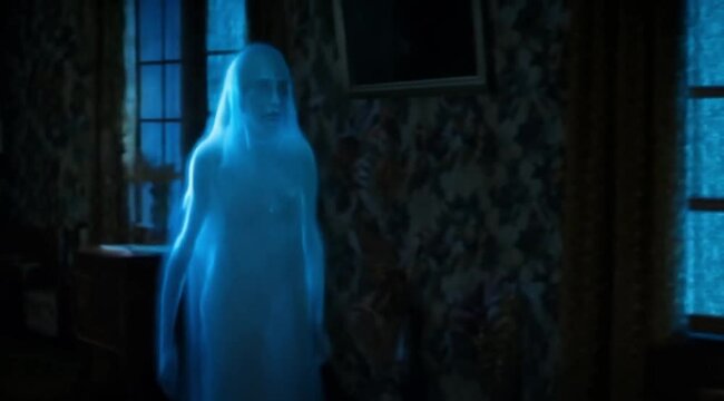 A ghostly figure, with a wispy, translucent form, soaring silently above a dusty, abandoned room. The ghost appears sorrowful, its movements slow and deliberate.