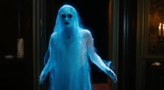 A spectral ghost, translucent and ethereal, floating gracefully through an old, dimly lit room. The ghost has a faint, bluish glow and a flowing, tattered gown. The room has antique furniture 
