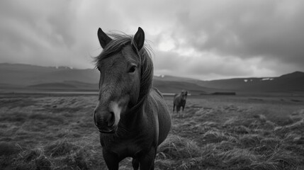 A horse is standing in a field with a cloudy sky in the background