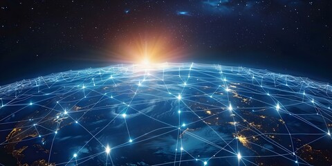 Worldwide network of nodes connecting global telecommunications for internet communication technology. Concept Network Infrastructure, Global Connectivity, Telecommunications, Internet Technology