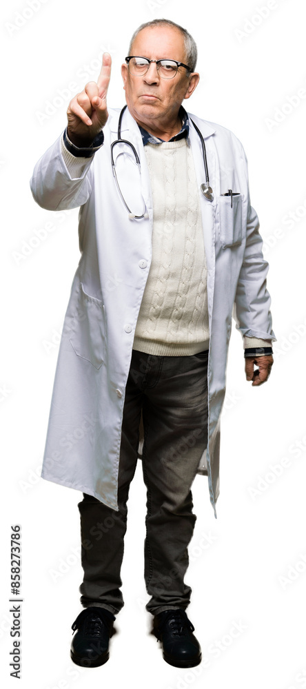 Poster handsome senior doctor man wearing medical coat pointing with finger up and angry expression