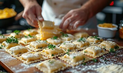 Masterful chef artfully crafts ravioli, meticulously preparing and adorning it like a vibrant banner, a culinary masterpiece for discerning palates in the realm of Italian cuisine. illustration images