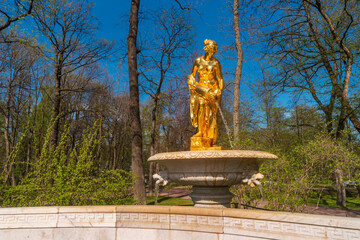 Fototapeta premium Saint Petersburg, Russia. Fountain with a gilded sculpture of Danaid in the lower park of Peterhof.