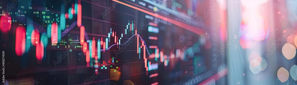 Poster Close-up view of stock market trading screen showing fluctuating data, charts, and graphs in financial analysis.