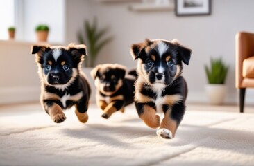 Dogs running over the room. Front view of couple of cutty dogs.
