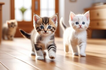 Cats walking over the room. Front view of couple of cutty cats.