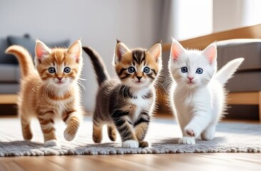 Cats walking over the room. Front view of couple of cutty cats.