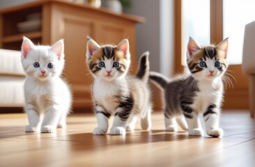 Cats walking over the room. Front view of couple of cutty cats.