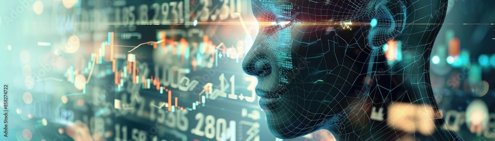 Poster close-up of a digital interface blending with a human head, symbolizing artificial intelligence and 