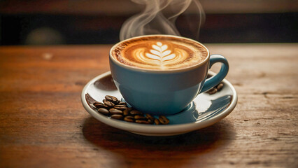 a steaming cup of coffee with intricate latte art on a wooden surface