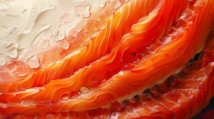 An artistic representation of layered salmon slices with an abstract, fluid background, highlighting the organic flow and vibrant colors, invoking a sense of movement.