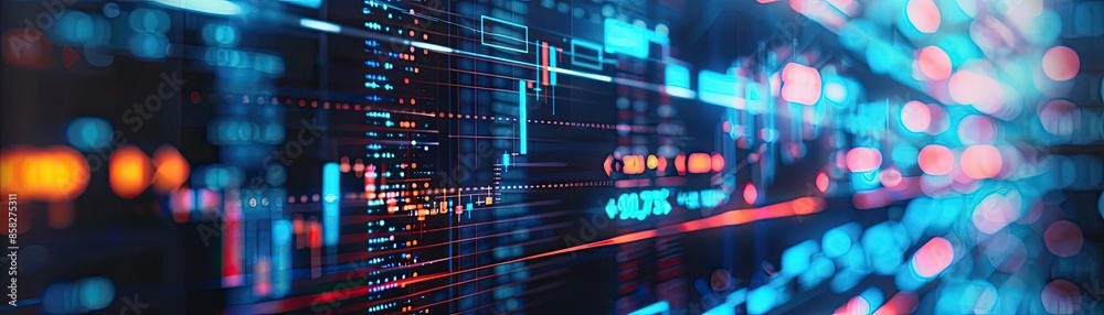 Poster abstract background featuring vibrant neon lines and lights representing data, technology, and digit