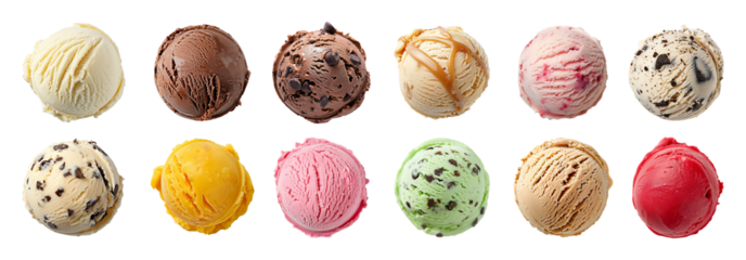 Collection set of ice cream scoops isolated on transparent or white background, png