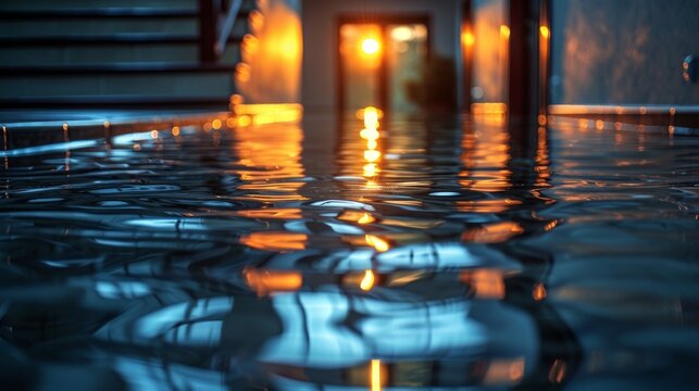 The image captures the serene reflection of light on a rippling water surface in a luxurious pool area, illuminated by the golden hue of the sunset in the background.
