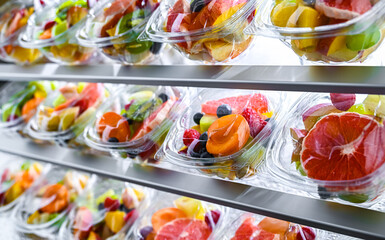 Boxes with pre-packaged fruit salads in a commercial fridge