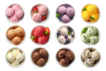 Collection set of ice cream in a bowl, top view, isolated on transparent or white background, png