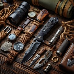 Survival knife and equipment set for jungle expeditions displayed on an old wooden floor.