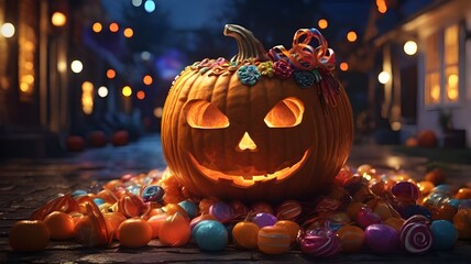 Smiling Halloween pumpkin and candy in orange color generated AI