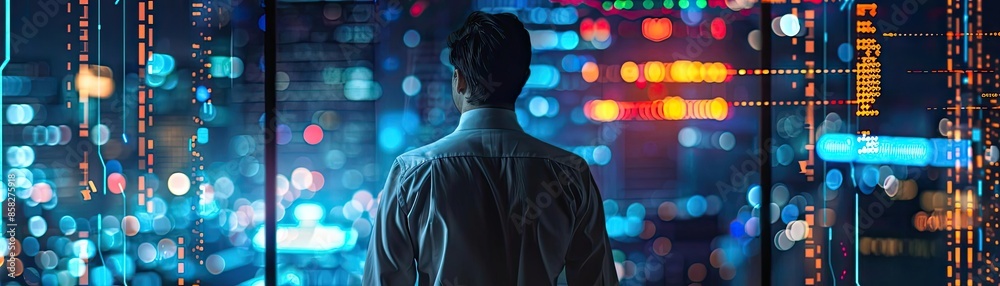 Poster businessman gazing at cityscape with digital code overlay, representing technology and data analytic