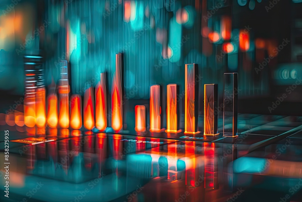 Poster vibrant digital data visualization with 3d futuristic bar charts and glowing neon lights, showcasing