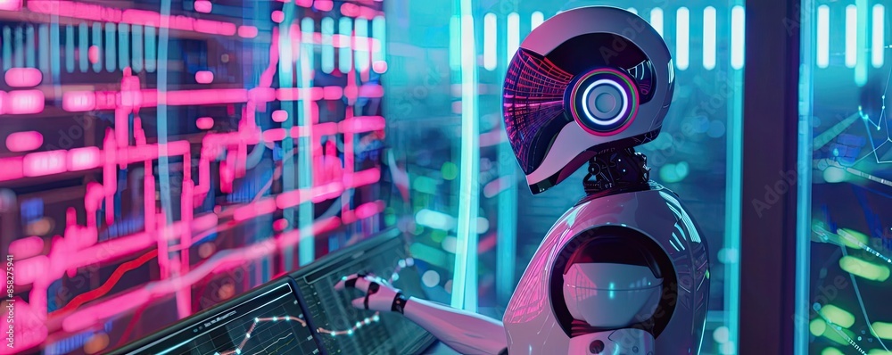 Poster Futuristic robot analyzing data charts on digital screens in a high-tech environment with vibrant neon lighting.