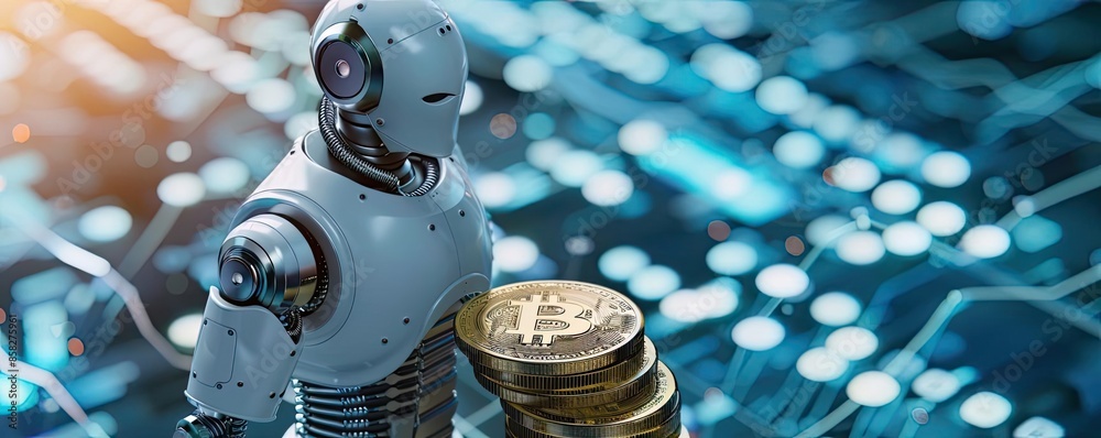Poster A robot holding a stack of golden cryptocurrency coins on a futuristic digital background representing the integration of AI and blockchain technology.