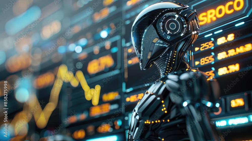 Poster Futuristic AI robot analyzing stock market data on multiple screens, showcasing advanced technology and data-driven decision making.