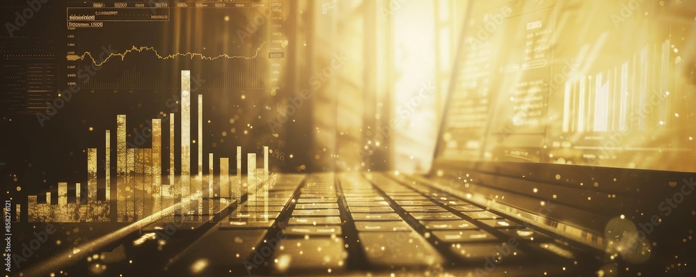 Aufkleber Abstract golden financial technology background with data charts and computer keyboard representing digital economy and market analysis.