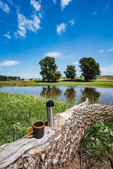 A cup of coffee and a thermos sit on a log near a tranquil lake, surrounded by water, trees, and grass, forming a serene natural landscape perfect for relaxation and contemplation