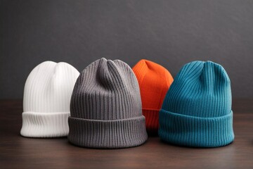 A set 0f 4 beanie hats of different colors, beanie hat mockup, beanie hat template, winter hat, hat, beanie, 
