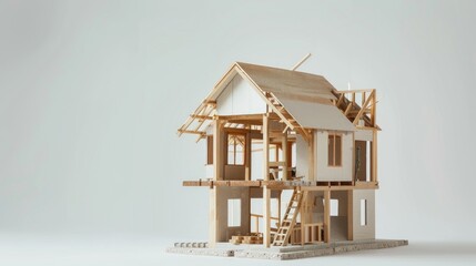 Concept of architecture business finance and construction represented by unfinished building model home various tools on white background with copy space