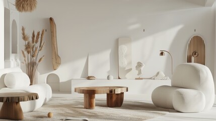 An artistic living room design set against a white canvas backdrop, Sculptural and unique furniture pieces, Artistic minimalist style