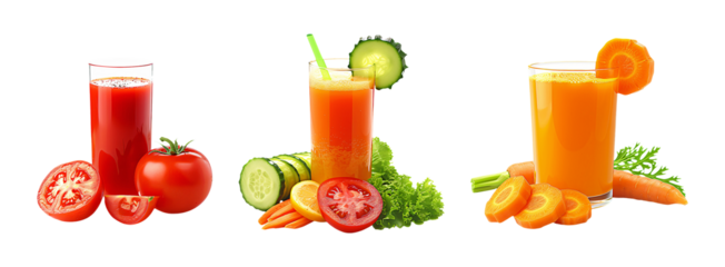Healthy vegetable juices in glasses, featuring tomato, carrot, and a mix of cucumber, carrot, lemon, and tomato, showcasing their vibrant colors and refreshing appeal.